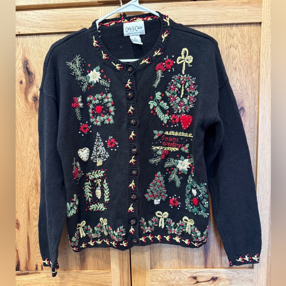 Carly St. Claire brand holiday cardigan featuring embroidered Christmas motifs